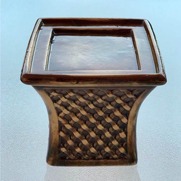 Brown Porcelain Ceramic Basket Pattern Square Pillar Candleholder ~ 4-1/2” - Picture 3 of 11